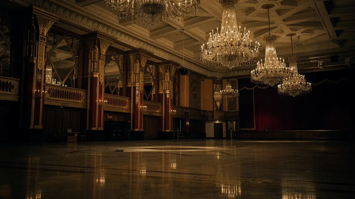 Storslaget hotellsalongsinteriör från 1970-talets Las Vegas med kristallkronor och marmorgolv, inspirerat av filmen Casino...