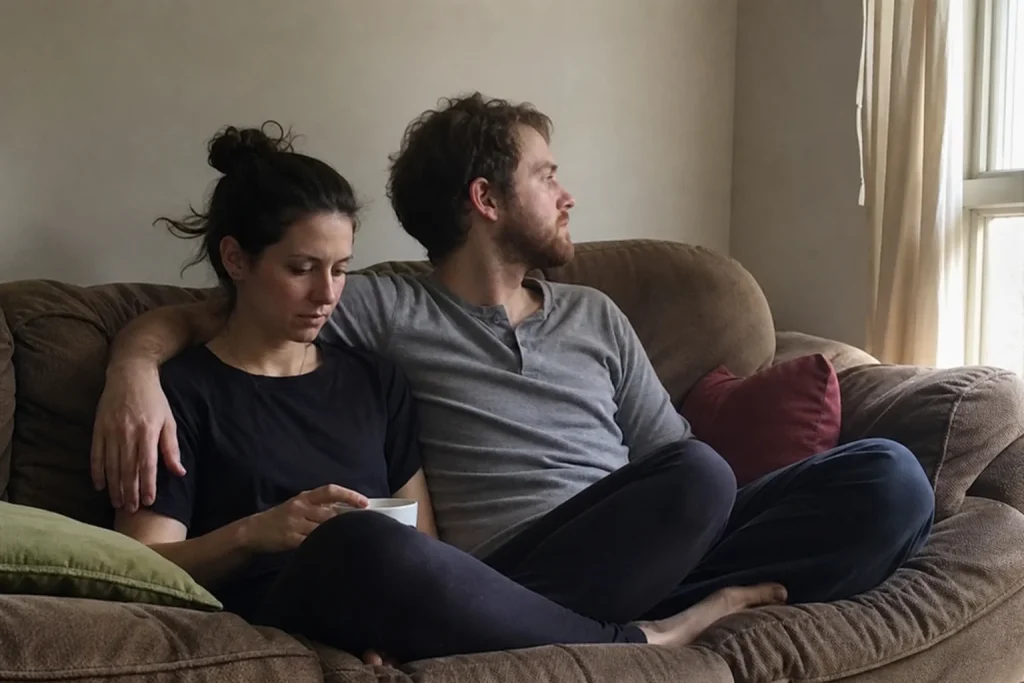 Två personer sitter nära varandra i en soffa i ett vardagligt rum, i en artikel om