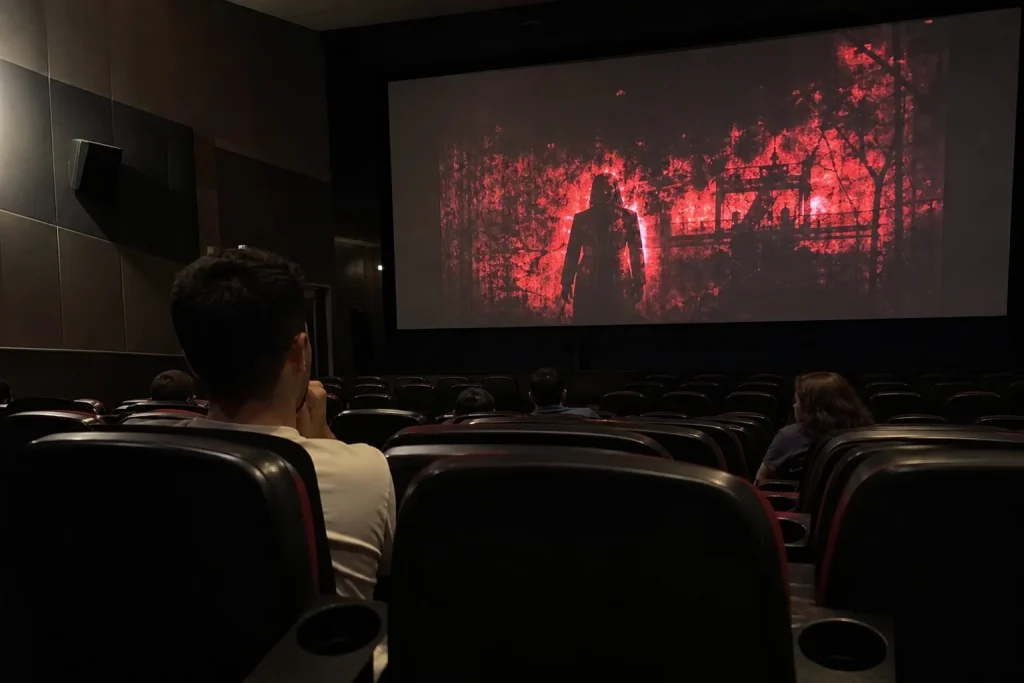 En halvfull biosalong med publik som tittar mot en mörkröd skräckfilmstitel på den stora duken.