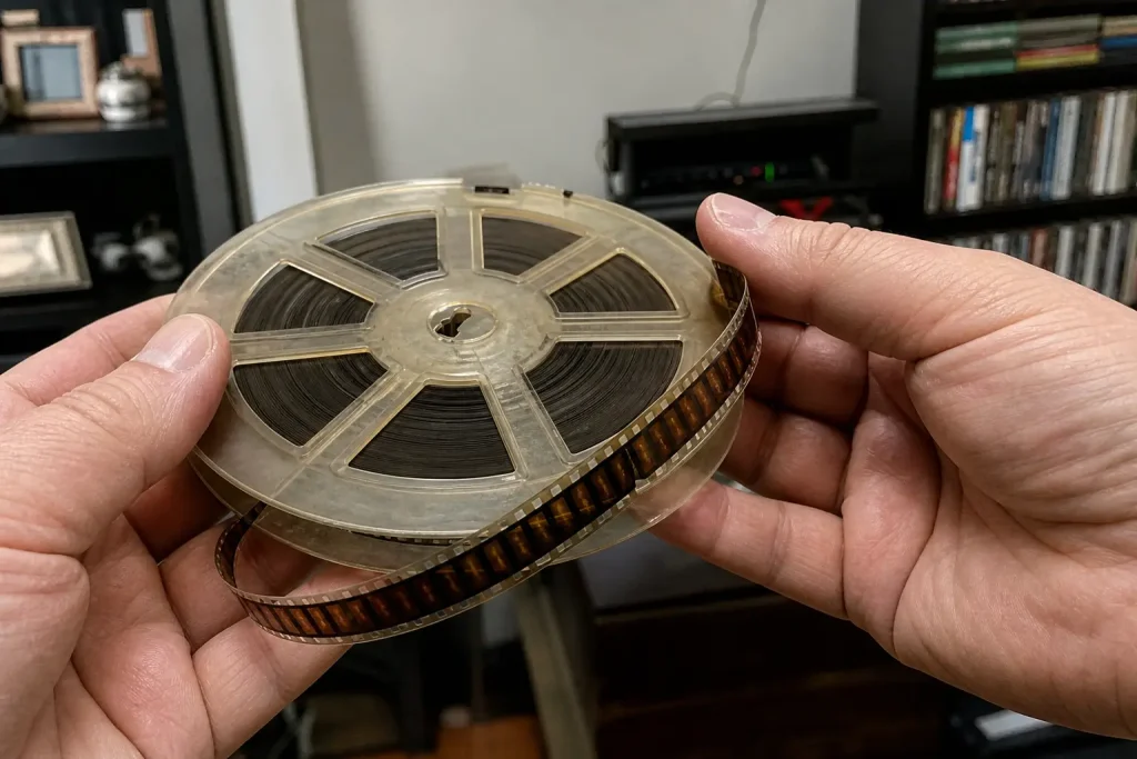 Händer som håller en delvis avspoolad filmrulle, ett av 2000-talets bästa filmer trots luckorna granskas nära.