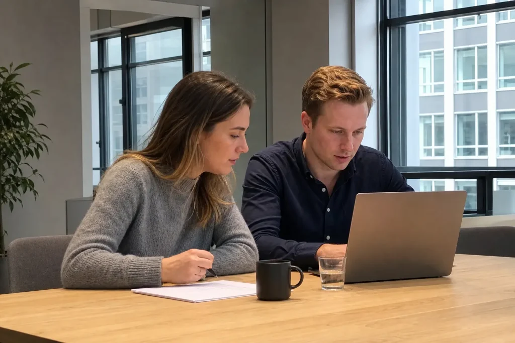 Två personer sitter vid ett ljust träbord i ett modernt kontor och diskuterar något i andan av Tight spänning i sexig sven...