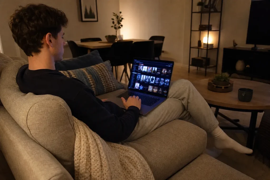 Person i soffa tittar på laptop med skräckfilm 6 veckor efter biopremiären nu tillgänglig digitalt