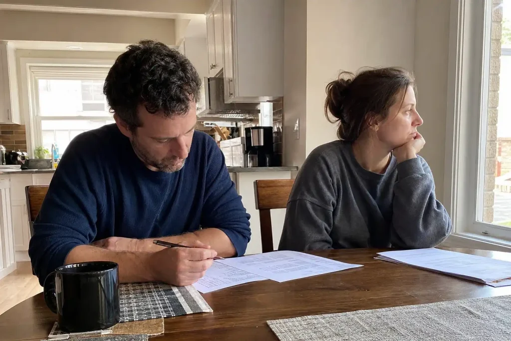 Två personer sitter vid ett köksbord i ett vardagligt hem och läser papper medan dagsljus faller in från sidan.