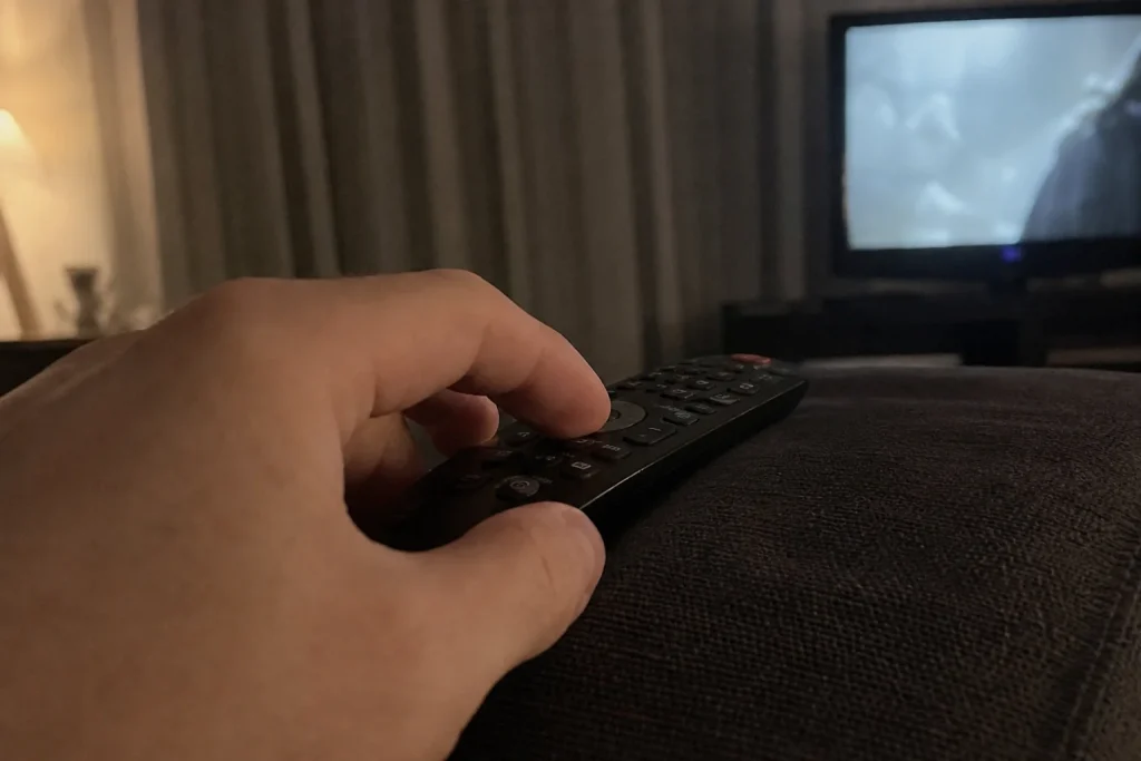En hand som trycker på en TV-fjärrkontroll i soffan för att se årets stora skräcksuccé hemma.