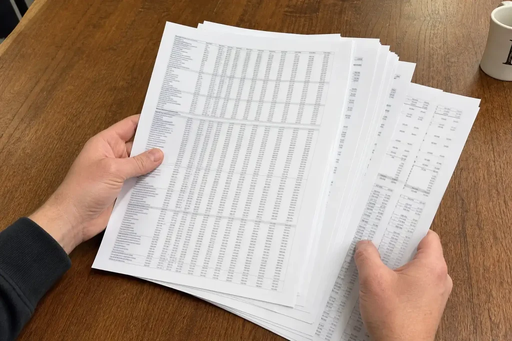 Händer som håller en tjock bunt utskrivna kalkylblad med siffror ovanför ett träbord.