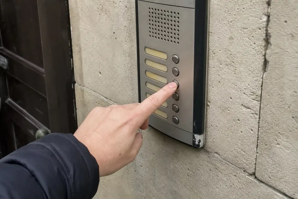 En hand som trycks på ett porttelefon-knappar på en lägenhetsfasad av betong.