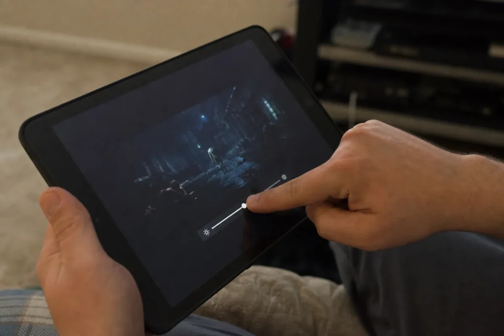En hand justerar ljusstyrkan på en surfplatta för att se The Devil's Mouth review på Prime Video bättre i ett mörkt rum.