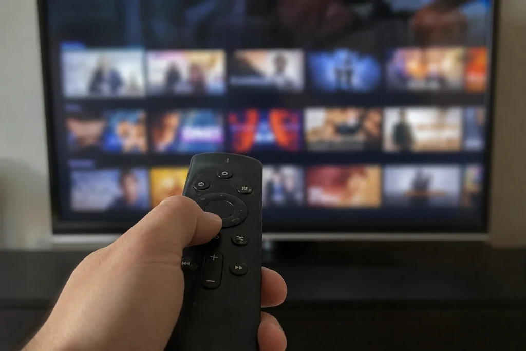 En hand håller en fjärrkontroll mot en streamingskärm, lagom för att bläddra bland 99 nya filmer och tv-serier på Viaplay ...