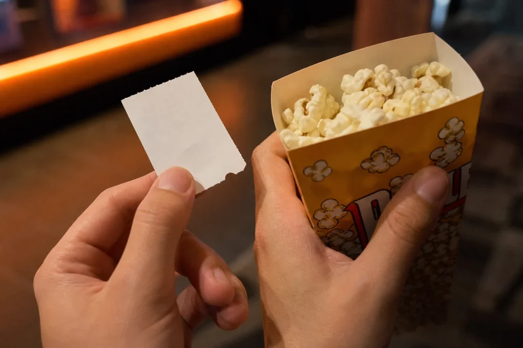Två händer håller popcorn och en biobiljett i ett biofoajé, en vardaglig stund för en av 2026 års bästa filmer på streaming.