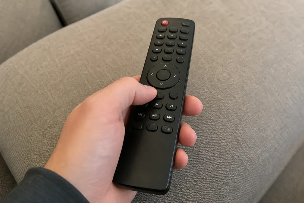 En hand håller en TV-fjärrkontroll riktad mot en skärm, redo att välja Grattis Fredagen den 13e-fans Crystal Lake kommer t...