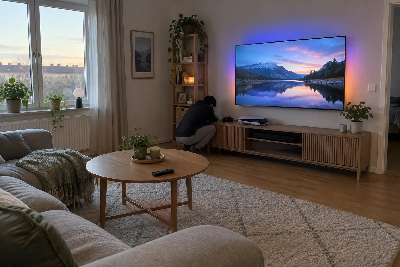 Vardagsrum med TV och Philips Hue Play HDMI Sync Box 4K test där en person justerar kablar vid TV-bänken.