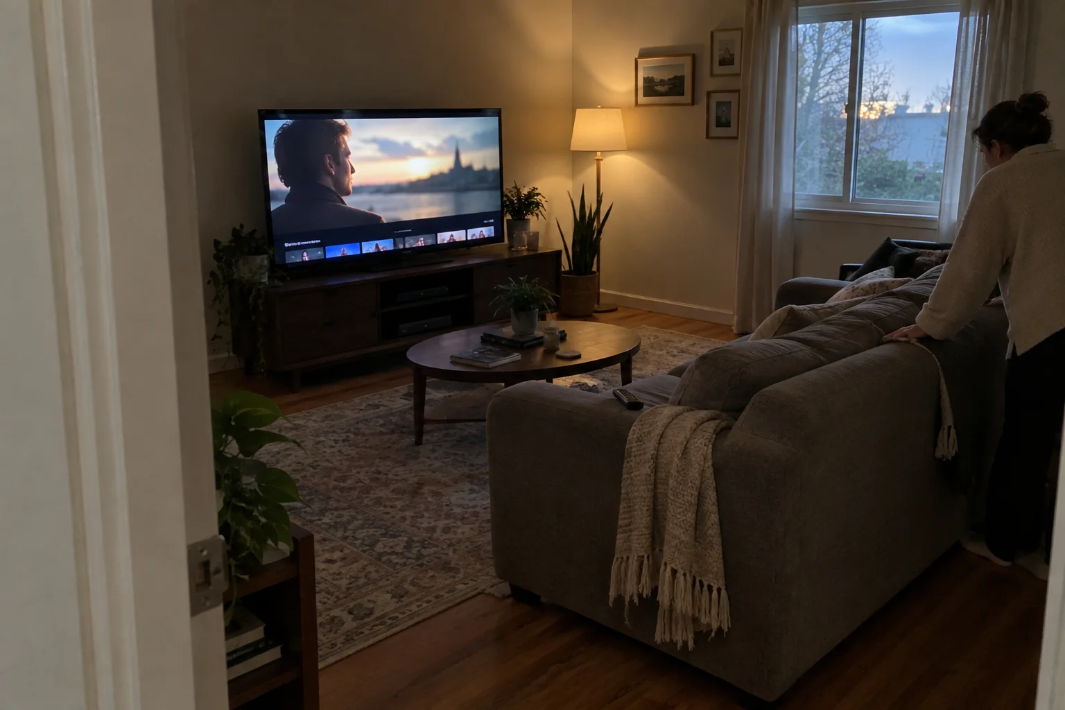 Vardagsrum med tv som visar en film, en person sträcker sig efter fjärrkontrollen i soffan. Bättre än serien? Här kan du s...