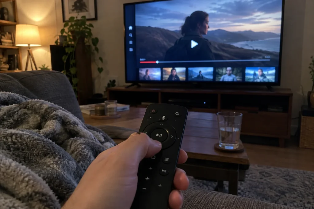 En hand håller en fjärrkontroll riktad mot en pausad streamingmeny på tv:n i ett mysigt vardagsrum en kväll.